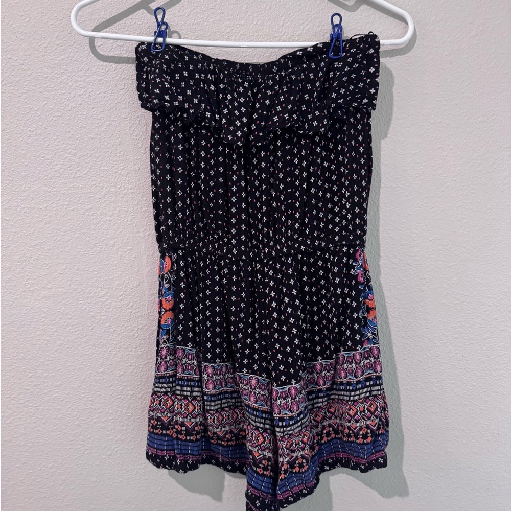 Angie Hippie Boho Black and Colored Patterned Strapless Romper